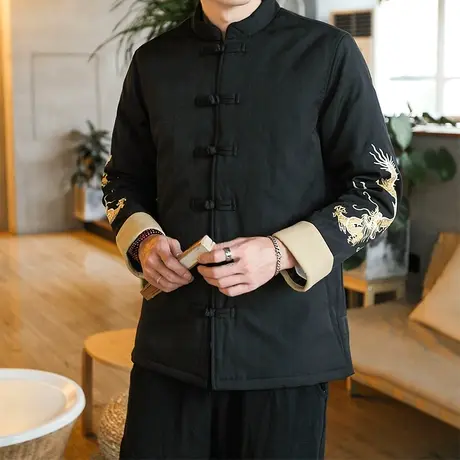 冬季棉服加厚保暖复古布扣刺绣唐装男青年立领中山装改良汉服外套商品大图