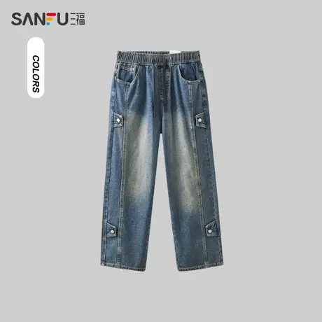 三福2023冬男士复古钉扣磨毛牛仔裤 休闲宽松直筒长裤男478784商品大图