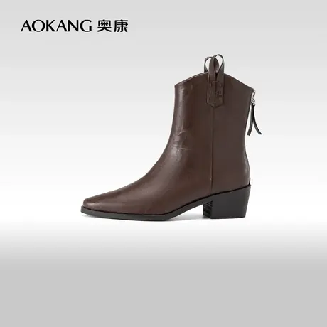 奥康女鞋 冬季新款尖头复古短靴简约大气短筒骑士靴牛仔靴图片