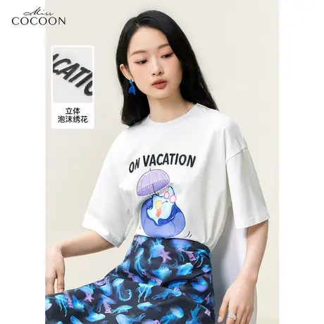 miss COCOON纯棉趣味印花短袖t恤女2023夏装新款圆领宽松休闲上衣商品大图