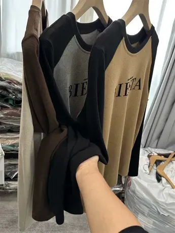 羊绒圆领磨毛加厚打底衫T恤女秋冬新款植绒显瘦宽松内搭上衣外穿商品大图