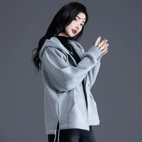 加绒厚外套女秋冬天2023新款爆款长款小个子韩系卫衣开衫上衣连帽图片