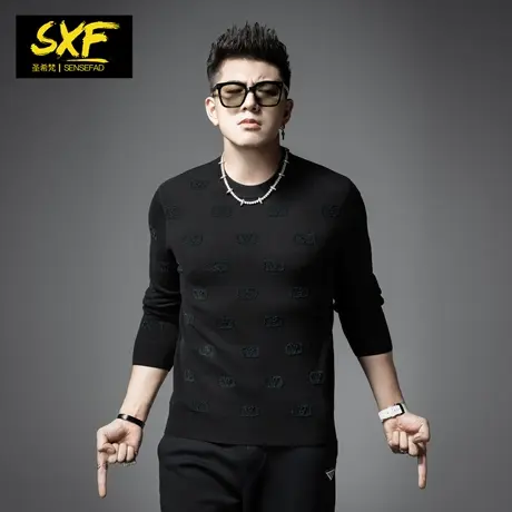 SXF圣希梵男士针织衫 潮牌字母刺绣羊毛线衣打底衫冬季新款毛衣男商品大图