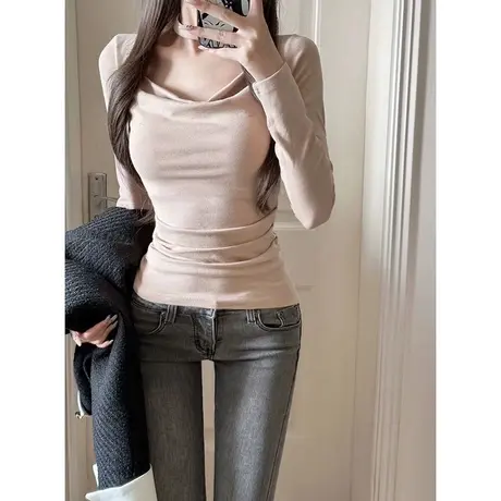 甜飒风紧身长袖T恤女秋冬季韩版修身德绒打底衫韩版百搭上衣纯欲商品大图