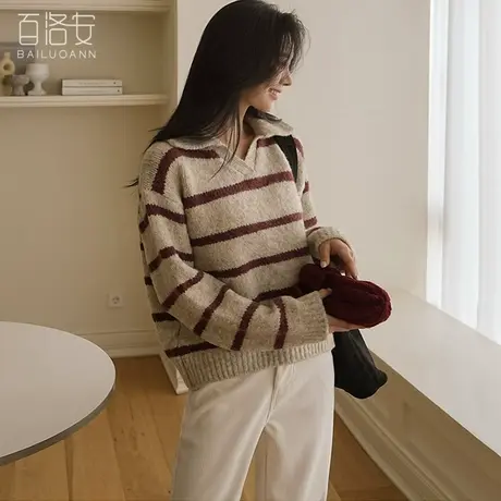 百洛安宽松休闲条纹针织衫女冬装新款洋气百搭翻领长袖套头毛衣厚商品大图
