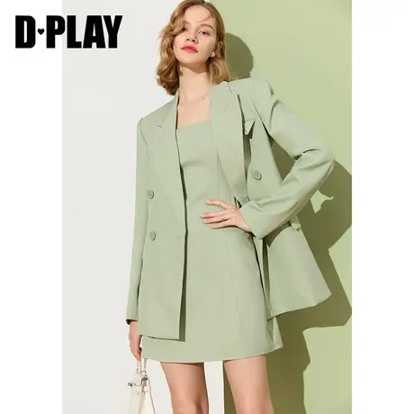 DPLAY德帕拉秋新ol风翻驳领宽垫肩双排喷漆扣灰豆绿西装商品大图