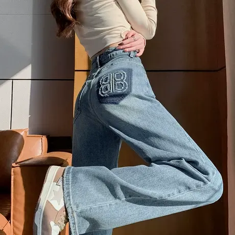 蓝色牛仔裤女2024春秋季新款高腰宽松显瘦设计感窄版直筒阔腿裤子商品大图