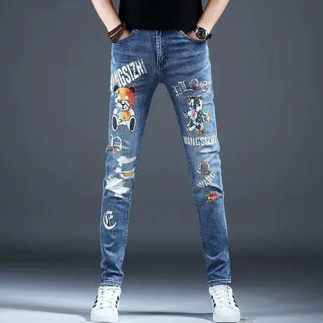 男士高级欧洲站印花牛仔裤子男款小脚修身潮流男2024新款休闲裤男图片
