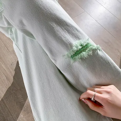 美式高街浅色破洞牛仔裤女2024春夏季新款高腰显瘦宽松阔腿拖地裤商品大图