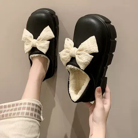 蝴蝶结棉拖鞋女冬季外穿可爱少女心松糕厚底保暖加绒防水包跟棉鞋商品大图