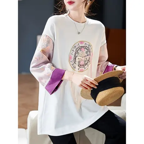宝诗黎圆领刺绣亮丝长袖T恤2024春季设计感国风拼接棉质休闲女装商品大图