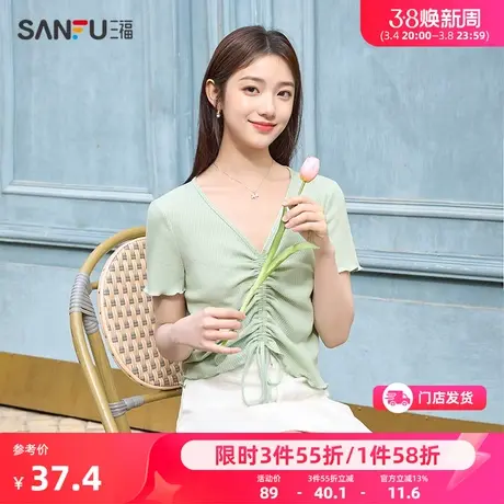 三福短袖T恤女2024新款夏季设计感抽绳V领短款小个子黑色上衣女装商品大图