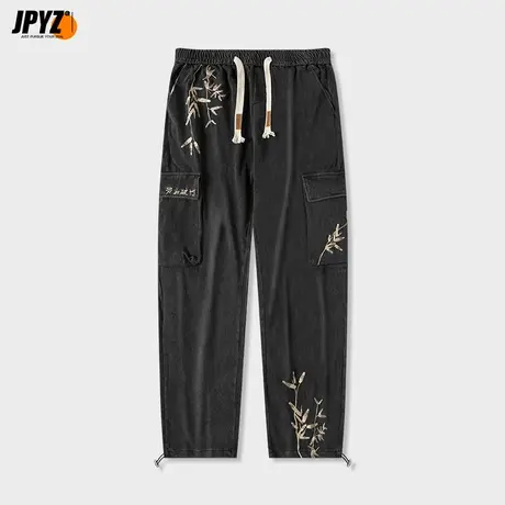 纯棉裤子男款夏季休闲长裤潮流直筒竹子刺绣男士春秋季大码运动裤商品大图