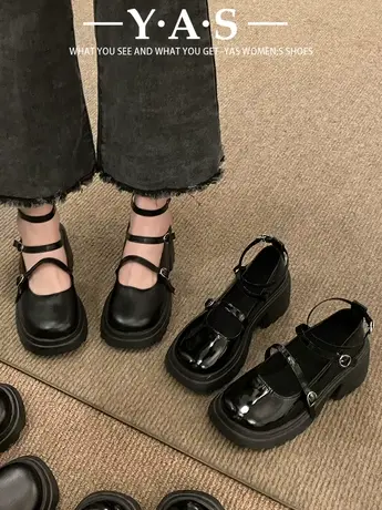 英伦风法式玛丽珍鞋百搭黑色厚底小皮鞋女复古高跟鞋单鞋浅口鞋子图片