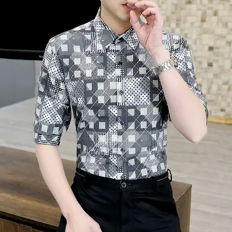 衬衫男士短袖夏季潮流韩版薄款印花格子七分袖痞帅中袖免烫衬衣寸商品大图