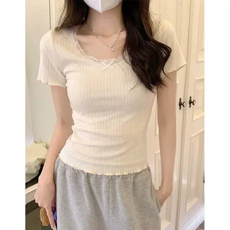 纯欲辣妹风蝴蝶结短袖t恤女甜辣内搭设计感小众打底上衣图片