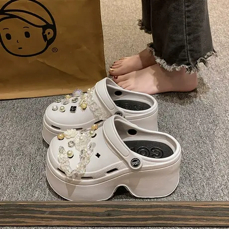 增高洞洞鞋女2024新款夏季外穿时尚厚底8CM高跟松糕防滑沙滩凉拖商品大图