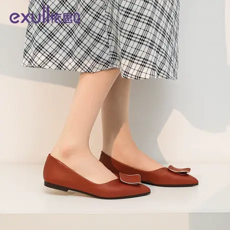 依思q红色单鞋女平底尖头女鞋2023新款浅口软皮不磨脚小皮鞋软底商品大图