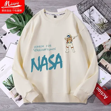 美式国潮高街潮牌圆领卫衣男秋季新款无帽宽松ins长袖薄款上衣服图片