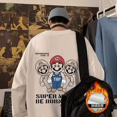 马里奥卫衣男春秋季卡通套头加绒加厚ins港风宽松打底衫潮流衣服商品大图