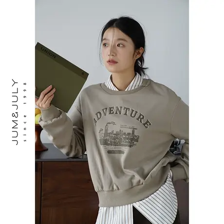 嘉茱莉2023秋季新款字母印花卫衣女短款圆领套头卫衣外套美式复古商品大图