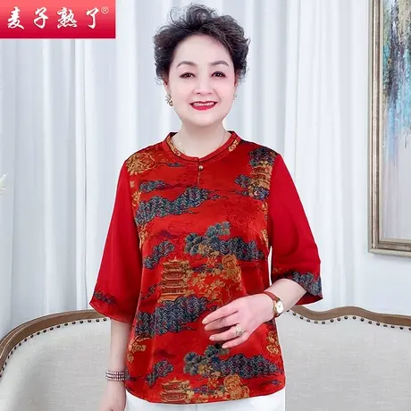 妈妈夏装2022新款短袖上衣中老年女装洋气质T恤雪纺衫60岁奶奶装商品大图