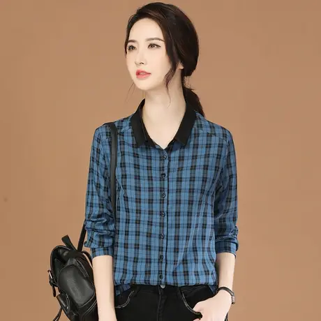 韩潮袭人法式娃娃领格子长袖衬衫女2023秋新款设计感小众衬衣上衣商品大图