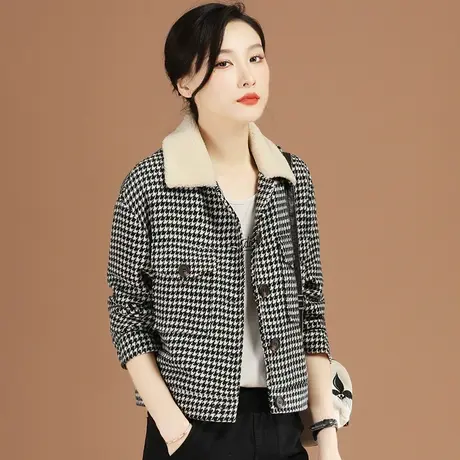 韩潮袭人2023年冬季新款毛领格子休闲夹棉加厚保暖小香风短外套女图片