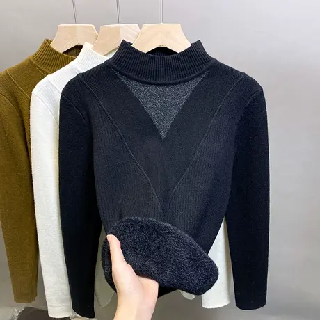 一体绒半高领毛衣女加绒内搭厚打底衫2023秋冬新款蕾丝针织衫上衣商品大图