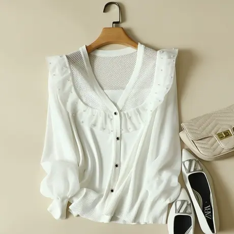 冰丝针织开衫女秋装2023年新款雪纺长袖宽松上衣洋气蕾丝打底衫女图片