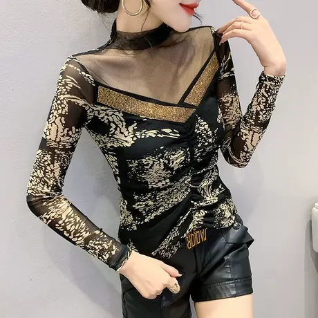 加绒加厚打底衫女秋冬网纱拼接半高领长袖T恤性感镂空洋气上衣潮商品大图