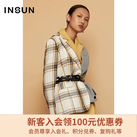 恩裳秋季设计师联名款都市摩登英伦格纹醋酸西装外套图片