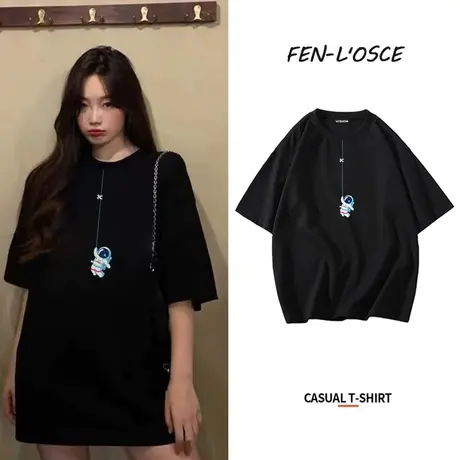 纯棉短袖t恤女夏装2023年新款宇航员宽松美式复古半袖正肩上衣潮商品大图