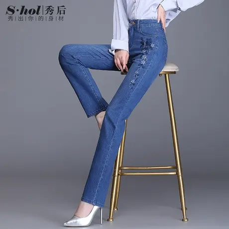 时尚减龄刺绣花妈妈牛仔裤女高腰显瘦直筒裤弹力大码中老年长裤子商品大图