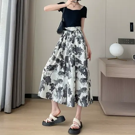 水墨印花阔腿裤女九分夏季薄款高腰垂感宽松显瘦八分休闲冰丝裤裙图片