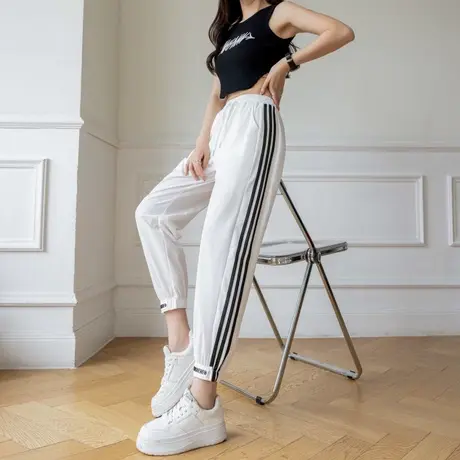 休闲运动裤女2023年新款夏季速干裤高腰条纹九分束脚裤显瘦哈伦裤商品大图