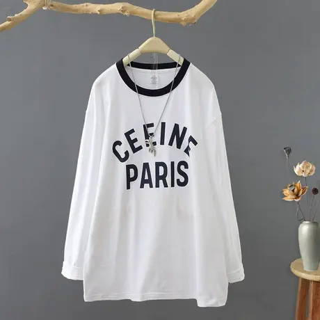 春装新款中长款圆领印花纯棉白t恤女装长袖宽松套头打底衫上衣商品大图