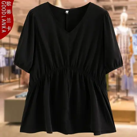 加肥加大码胖妈妈夏季雪纺衫2023新款时尚显瘦收腰V领短袖T恤上衣商品大图