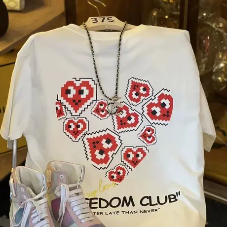 美式复古纯棉正肩大码短袖t恤女2023宽松设计感小众半袖夏上衣服商品大图