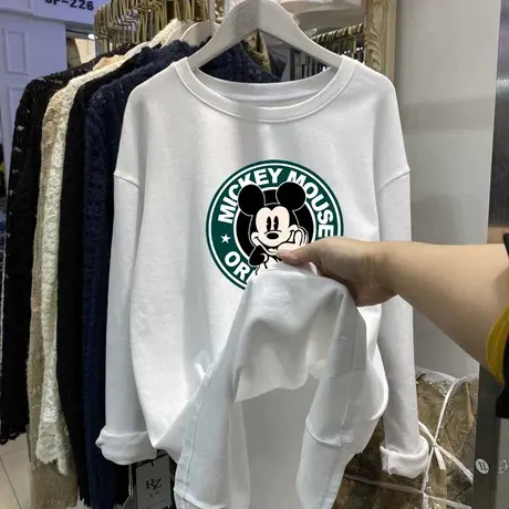 韩版卡通印花长袖纯棉宽松t恤女设计感小众中长款磨毛上衣服初秋商品大图