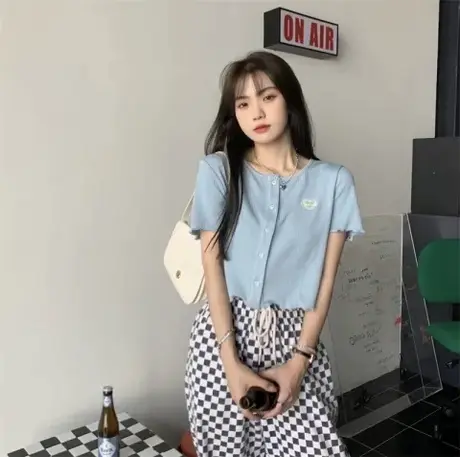 木耳边短袖外套女夏宽松开衫新款气质短款设计感上衣清新百搭T恤商品大图