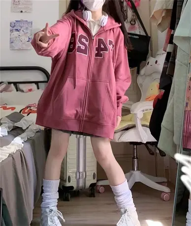 美式复古oversize卫衣女2022春秋上衣bf慵懒风薄款开衫外套潮ins商品大图