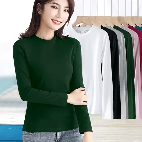 深绿色半高领春秋薄款中老年妈妈打底衫纯棉长袖t恤内搭女士秋衣图片