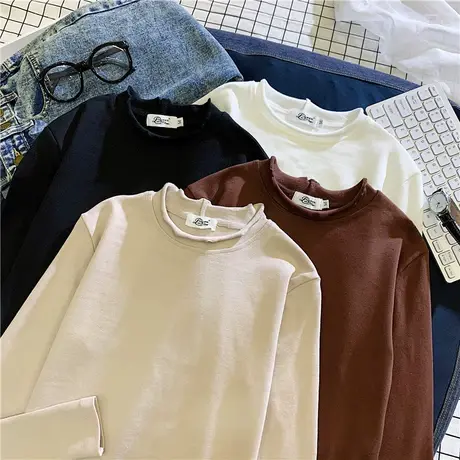 半高领打底衫女木耳边2023秋冬洋气中领修身纯色长袖t恤内搭上衣图片