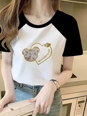 仿棉正肩短袖t恤女2023新款夏季小众设计感撞色洋气减龄显瘦上衣图片