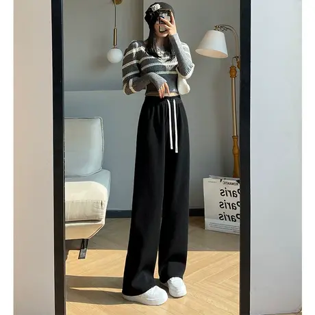 秋冬雪尼尔灯芯绒阔腿裤女高腰显瘦休闲裤宽松垂感薄款直筒裤图片