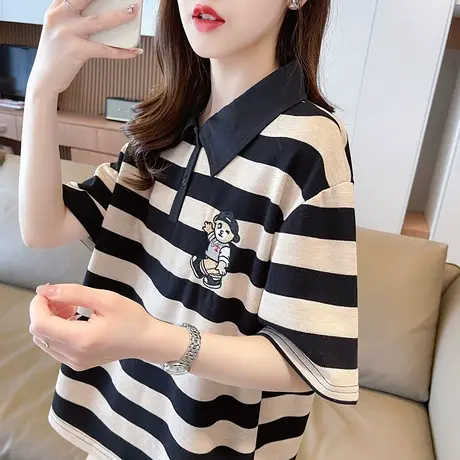 小众设计感短袖t恤女夏季2023新款韩版宽松polo领小个子条纹上衣图片