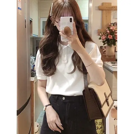 白色短袖POLO衫T恤女夏季韩版宽松显瘦百搭设计感小众半袖上衣服图片