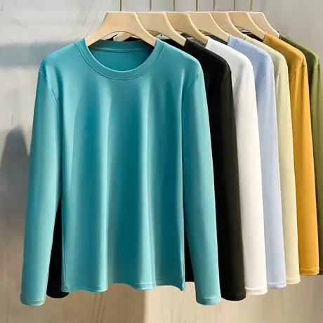 2023春秋新款男士圆领长袖T恤 韩版潮流丝光棉秋衣打底衫上衣男装商品大图