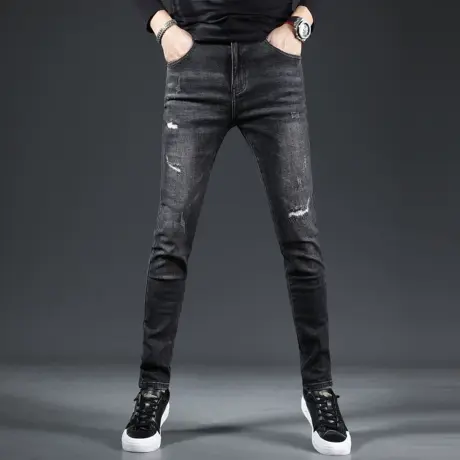 2023新款破洞牛仔裤男修身小脚裤黑灰色潮牌高端男士裤子春秋季图片